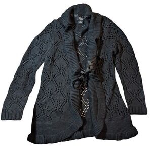 Hot in Hollywood Black‎ Ruffle Crochet Knit Cardigan Tie Front Medium